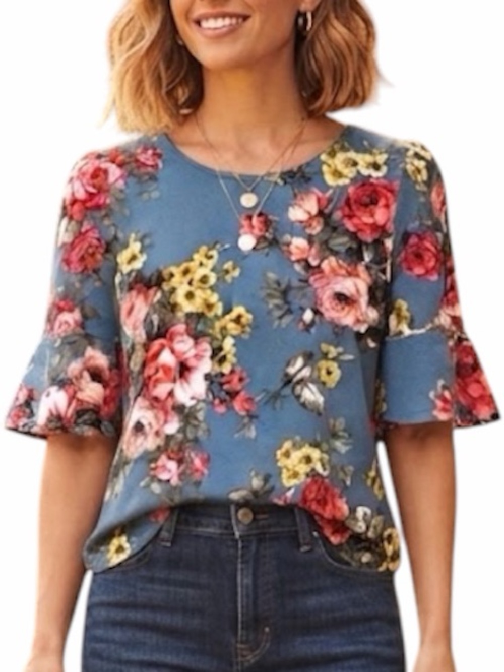 Coquette Fairycore Blue Floral Cropped Flutter Sleeve Blouse Green Envelope S
